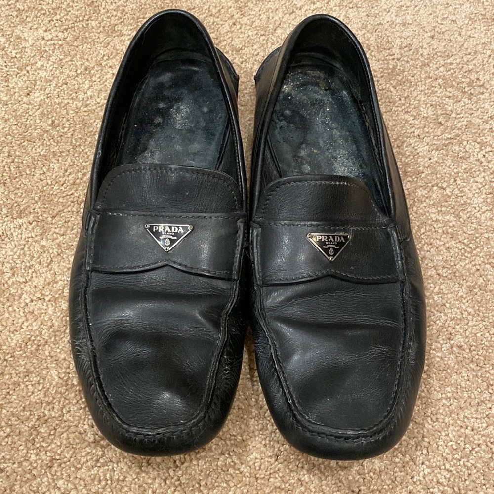 Mens Prada loafers slip on drivers shoes black silver logo $895